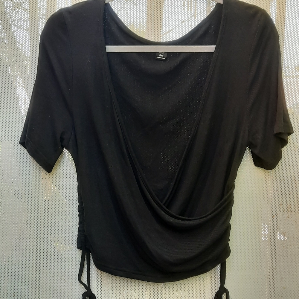 Shein curve Women's Short Sleeve Ribbed Faux Wrap Crop Top Size X-Large Black